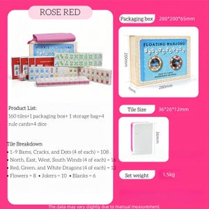 May include: Rose red Mahjong set with 160 tiles, a packaging box (280mm x 200mm x 65mm), a storage bag, rule cards, and dice. The tile size is 36mm x 26mm x 12mm. The set includes Bams, Cracks, Dots, Winds, Dragons, Flowers, Jokers, and Blanks.