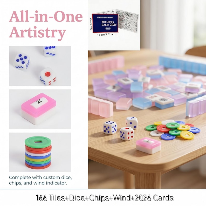 May include: A complete Mahjong set with 166 tiles, dice, chips, wind indicator, and 2026 cards. The set includes pink, blue, and purple tiles, colorful chips, and dice. The text on the cards reads "MAH JONGG CARDS 2026".