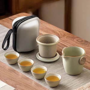 Juego de té Ru Kiln / Juego de té portátil para viajes / Juego de té de 6 piezas con esmalte fino de dragón / Juego de té tradicional de kung fu / Tetera para exteriores / Ideas para regalos