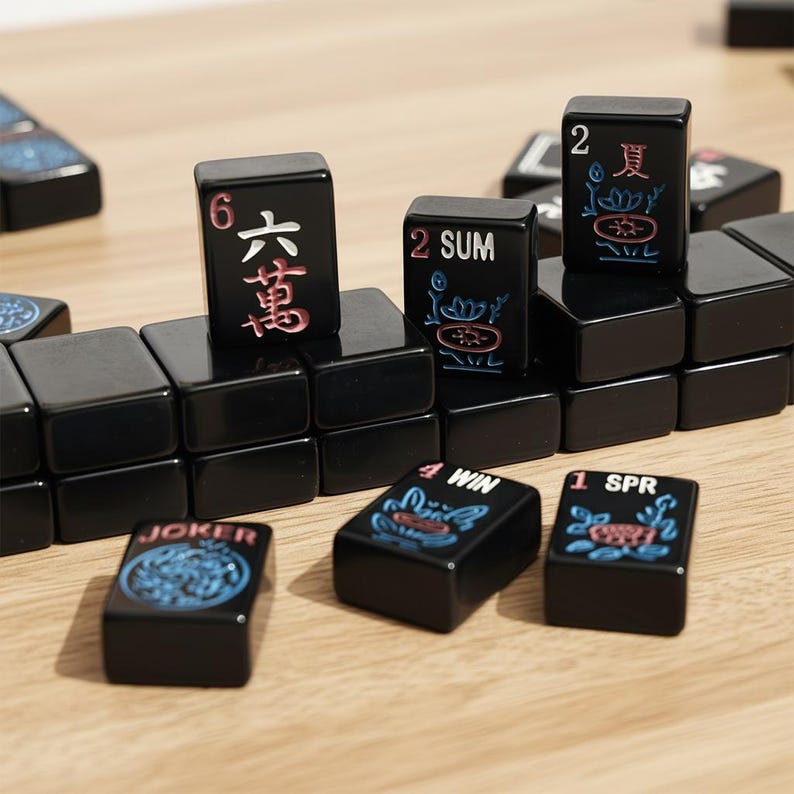 May include: A collection of black Mahjong tiles with various symbols and numbers in white, red, and blue. The tiles are arranged on a light wood surface, showcasing the game's components.