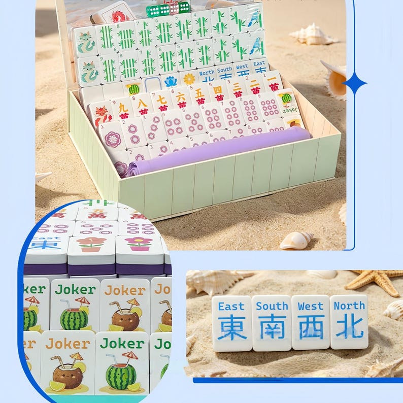 May include: A complete Mahjong set with tiles featuring various symbols and characters, including "East, South, West, North" in English and Chinese. The set is presented in a light green box, with additional tiles displaying fruit and cocktail designs.