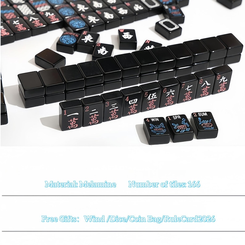 May include: A complete set of black Mahjong tiles, featuring Chinese characters and symbols in red and white. The set includes 166 tiles made of melamine. Some tiles have floral and number designs.