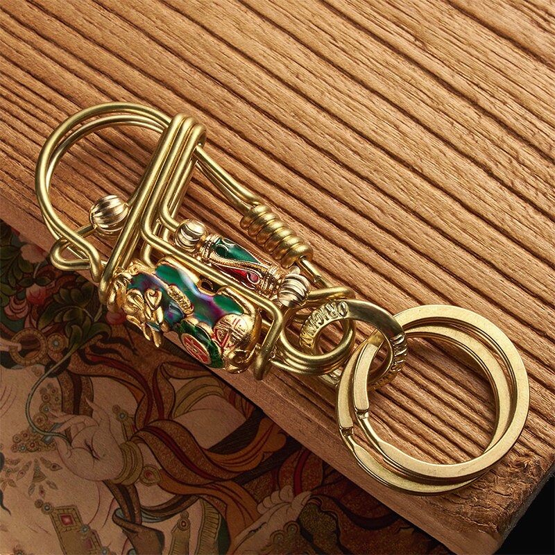 Handcrafted Brass Dragon & Pi Xiu Keychain Carabiner, Color Variation