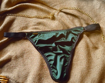 Men Luxury green& black satin  thong