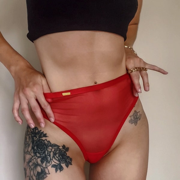 Red High waisted mesh thong with metal decor