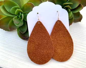Handmade Chestnut Brown Suede Teardrop Earrings, Lightweight Fall Jewelry