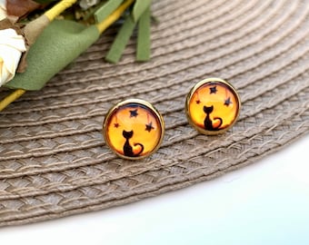 Cat Stud Earrings, Halloween Earrings, Fall Studs Earrings, 12mm Glass Studs, Black Cat Jewelry, Birthday Gift for Friend, Cat lover gift