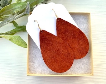 Rust Suede Leather Earrings, Rust Teardrop Earrings, Genuine Suede Dangle Earrings, Fall Earrings, Birthday Gift for Friend