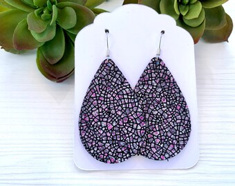 Mosaic Leather Teardrop Earrings, Genuine Leather Earrings, Cracked Glass Pattern, Lightweight Statement Earrings