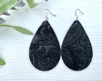 Black Embossed Suede Earrings, Floral Leather Dangle Earrings, Teardrop Earrings, Flower Earrings, Birthday Gift for Friend