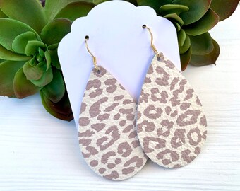 Leopard Print Leather Teardrop Earrings, Handmade Dangle Earrings, Lightweight