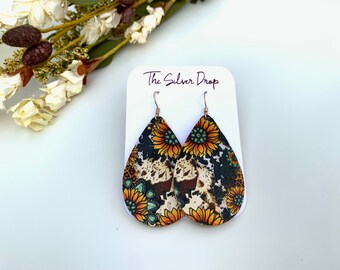 Sunflower Print Teardrop Earrings, Cow Print Sunflower Earrings, Birthday Gift for Friend, Cow Print Earrings