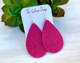 Embossed Pink Suede Teardrop Earrings, Lightweight Leather Earrings