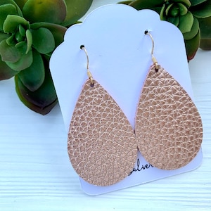 Rose Gold Leather Teardrop Earrings, Pink Leather Earrings, Genuine Leather Earrings, Lightweight Earrings, Birthday Gift for Friend
