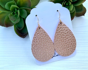 Rose Gold Shimmer Leather Teardrop Earrings, Lightweight Dangle Earrings