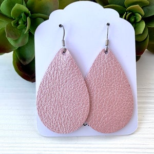 Pink Leather Teardrop Earrings, Genuine Leather Earrings, Dangle Earrings, Lightweight Earrings, Birthday Gift for Friend