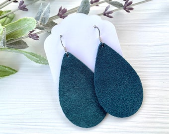 Teal Suede Leather Teardrop Earrings, Lightweight Fall Jewelry