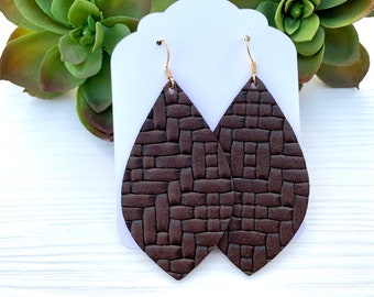 Leather Basket Weave Earrings, Brown Leather Earrings, Petal Earrings, Lightweight Earrings, Braided Leather Earrings