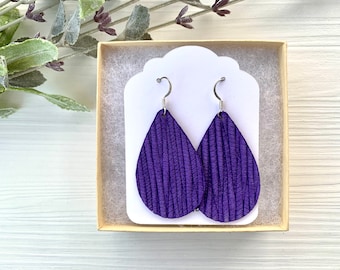 Purple Embossed Suede Leather Teardrop Earrings, Lightweight Dangles