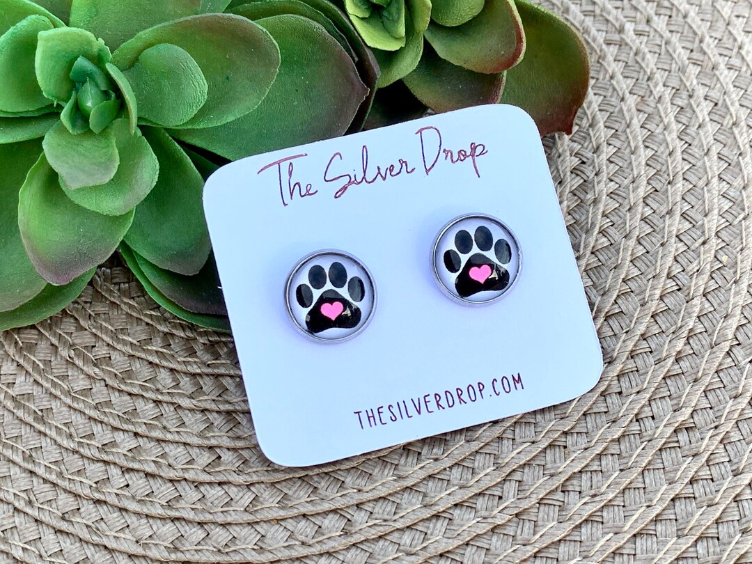 Dog Paw Print Earrings, Pet Sitter Gifts, 12mm Stud Earrings, Glass