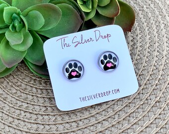 Dog Paw Print Earrings, Pet Sitter Gifts, 12mm Stud Earrings, Glass Cabochon Earrings, Birthday Gift for Dog Lover, Animal lover Gift