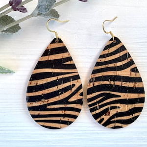 Zebra Print Teardrop Earrings, Cork Earrings, Lightweight Leather Earrings, Animal Print Earrings, Birthday Gift for Friend