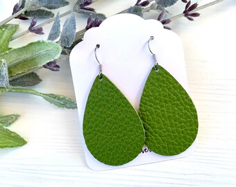 Handmade Olive Green Leather Teardrop Earrings, Lightweight Dangles
