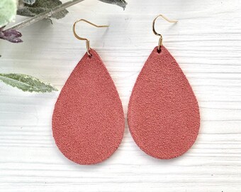 Salmon Pink Suede Teardrop Earrings, Lightweight Leather Earrings