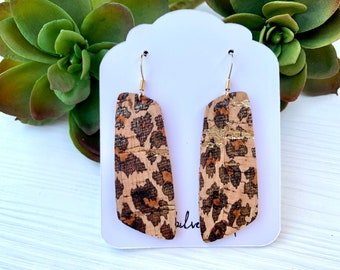 Leopard Cork Dangle Earrings, Cheetah Earrings, Metallic Cork Earrings, Lightweight Earrings, Animal Print Earrings, Birthday Gift Friend