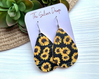 Sunflower Print Cork Teardrop Earrings, Lightweight Handmade Earrings