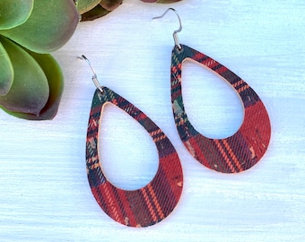 Red Plaid Teardrop Earrings, Cork Earrings, Cork Leather Hoop Earrings, Boho Earrings, Christmas Earrings, Birthday Gift for friend