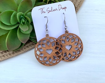 Wood Heart Dangle Earrings, Love Earrings, Valentins Earrings, Gift for Girlfriend, Heart Dangle Earrings, Valentine’s Gift for Girl