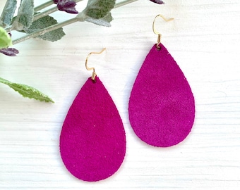 Orchid Pink Suede Teardrop Earrings, Lightweight Leather Dangles