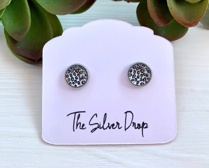 Snow Leopard Earrings, 8mm Stud Earrings, Leopard Print Studs, Animal Print Earrings, Birthday Gift for Teen, Christmas Gift For Friend 