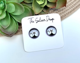 Black Cat Stud Earrings, 12mm Glass Cabochon, Stainless Steel