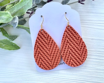 Coral Chevron Leather Teardrop Earrings, Zigzag Pattern Earrings, Handmade, Fall Earrings, Birthday Gift for Friend