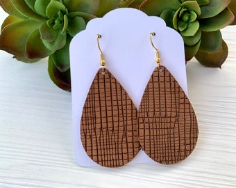 Embossed Suede Leather Teardrop Earrings, Lightweight Handmade Earrings