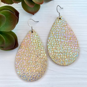 Iridescent Leather Earrings, Metallic Earrings, Leather Teardrop Earrings, Lightweight Earrings, Birthday Gift for Friend, Crackle Earrings