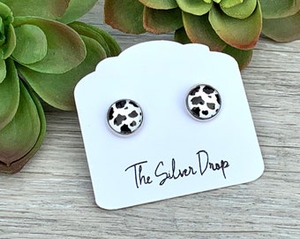 Cow Print Earrings, Cow Earrings, 10mm Studs, Animal Print Stud Earrings, Cow Stud Earrings, Cow Lover Gift, Birthday Gift for Friend