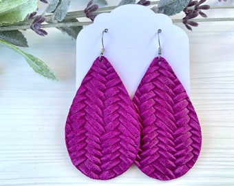 Purple Basket Weave Leather Teardrop Earrings