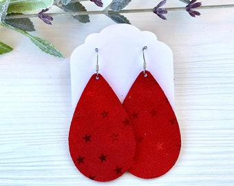 4th of July Earrings, Red Star Leather Earrings, Patriotic Dangle Earrings, Red Leather Earrings, Memorial Day Earrings
