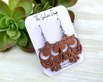 Wood Owl Earrings, Owl Dangle Earrings, Owl Jewelry, Wood Animal Earrings, Birthday Gift for Teen, Owl Lover Gift
