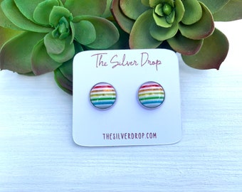 Rainbow Stud Earrings, Pride Stud Earrings, Cabochon Stud Earrings, 12mm Studs, Birthday Gift for Friend, LGBTQ Stud Earrings