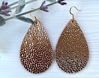 Gold Leather Teardrop Earrings, Beaded Leather Teardrop Earrings, Metallic Teardrop Earrings, Lightweight Earrings, Statement Earrings