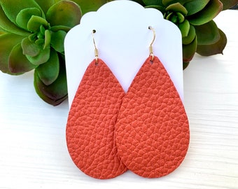 Burnt Coral Leather Teardrop Earrings, Orange Teardrop Earrings, Genuine Leather Earrings, Dangle Leather Earrings, Fall Earrings