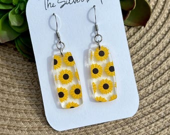 Sunflower Print Acrylic Dangle Earrings, Stainless Steel Hooks