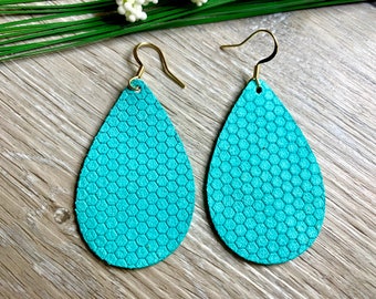 Aqua Leather Earrings, Turquoise Suede Teardrop Earrings, Genuine Leather Earrings, Birthday Gift For Friend, Earrings for Spring