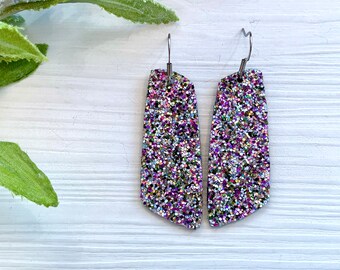 Pink Glitter Leather Earrings, Dangle Bar Earrings, Metallic Earrings, Genuine Leather Earrings, Cork Bar Earrings, Birthday Gift for Friend
