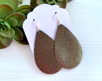 Chevron Leather Teardrop Earrings, Gold Leather Earrings, Herringbone Earrings, Lightweight Earrings, Birthday Gift for Friend
