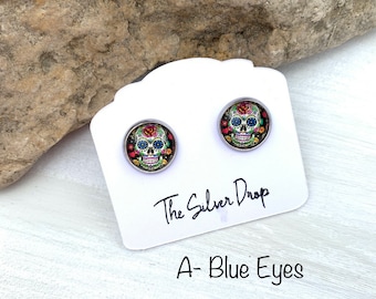 Sugar Skull Stud Earrings, Day of the Dead Jewelry, 12mm